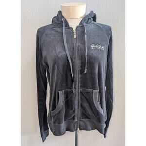 VTG Y2k Hale Bob Paris Los Angeles Velour Full Zip Hoodie Sweatshirt Black XL